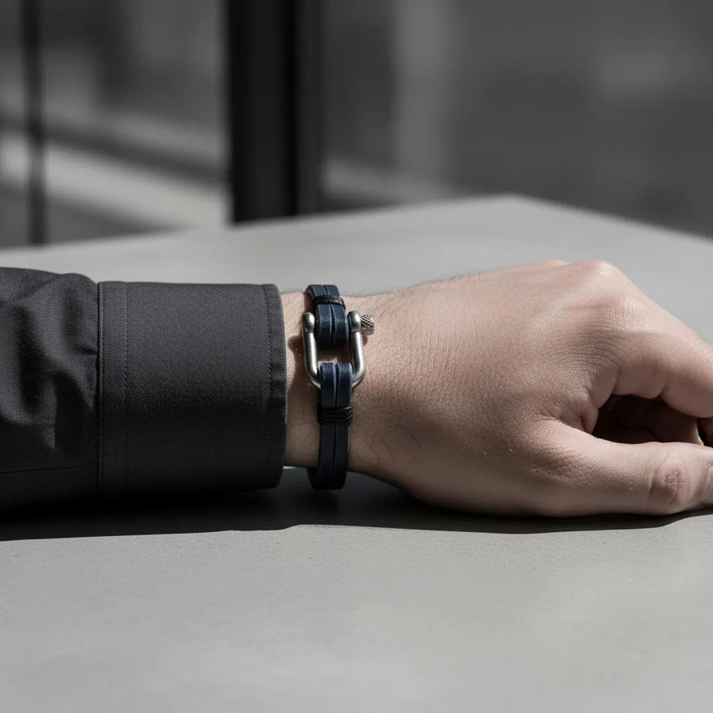 Pulseira masculina de couro azul com detalhe metálico prateado apoiada no pulso sobre mesa em ambiente minimalista.