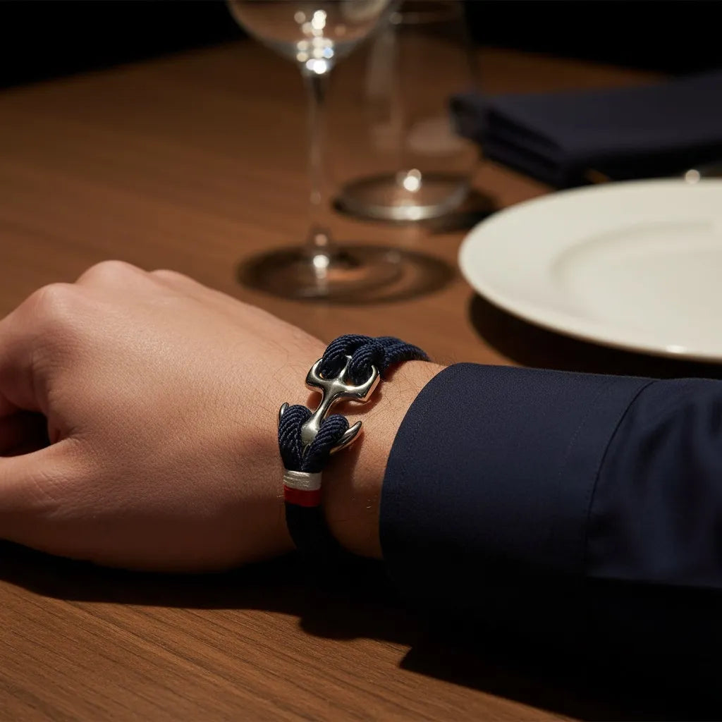 Close do pulso com pulseira de corda azul com âncora em aço sobre uma mesa de jantar, com taças e prato ao fundo.