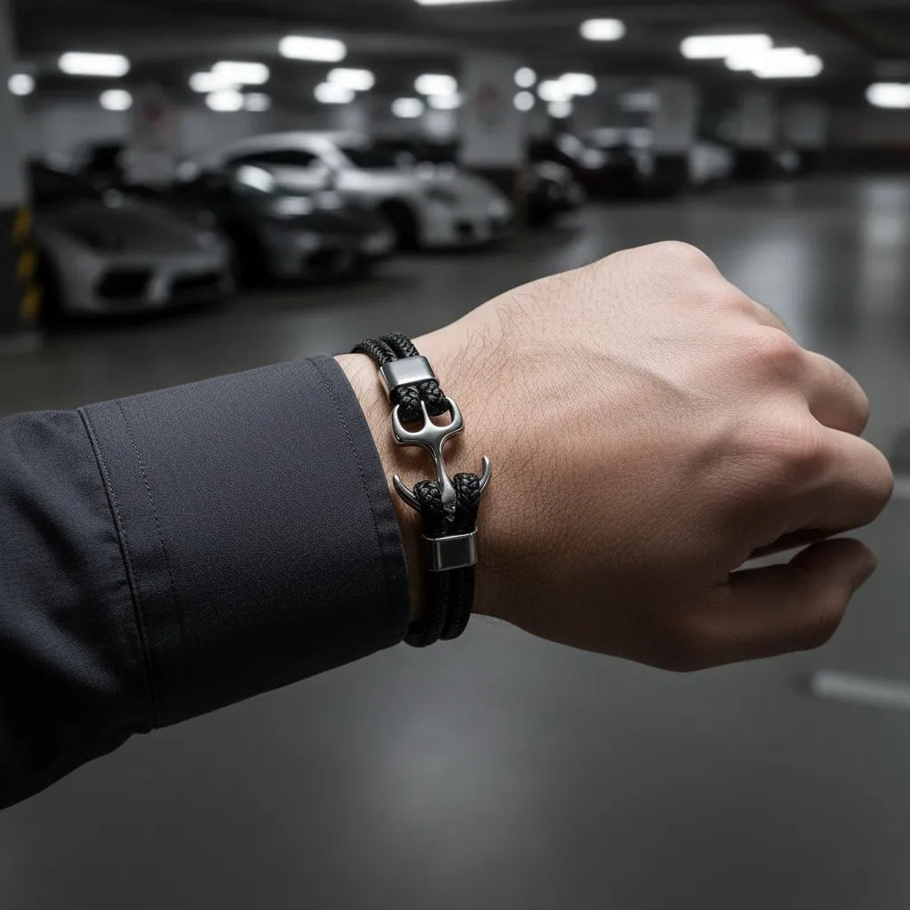 Close do pulso com pulseira de couro preta e âncora em metal prateado, com carros desfocados em uma garagem ao fundo.