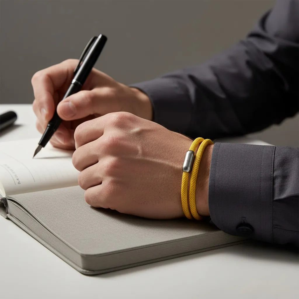 Homem escrevendo em um caderno enquanto usa pulseira masculina de corda amarela com volta dupla e fecho metálico prateado.