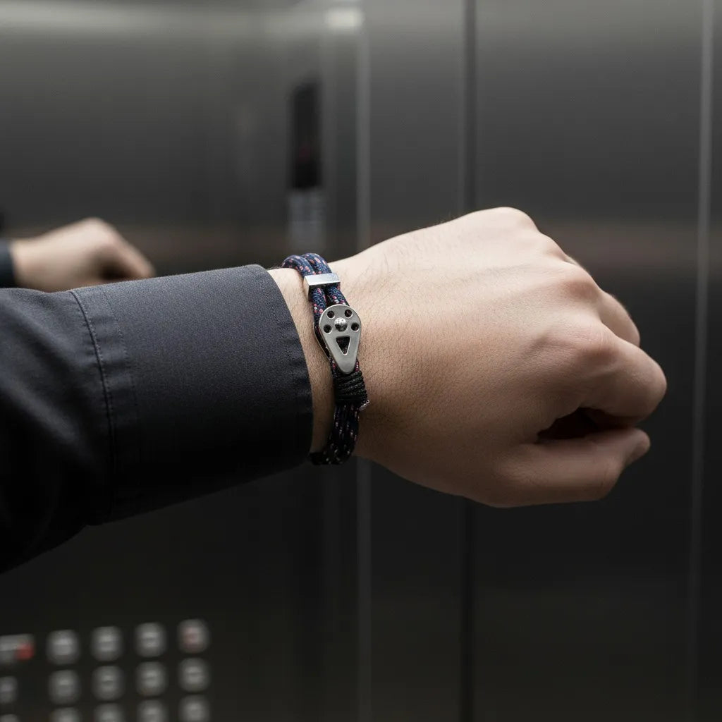 Pulseira masculina de corda azul com detalhes em vermelho e fecho metálico prateado, usada no pulso em ambiente interno.