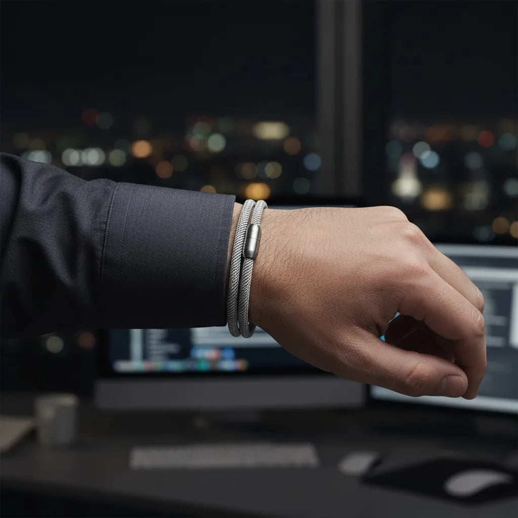 Close de uma pulseira masculina de corda cinza com fecho metálico prateado, usada no pulso em um ambiente de escritório à noite.