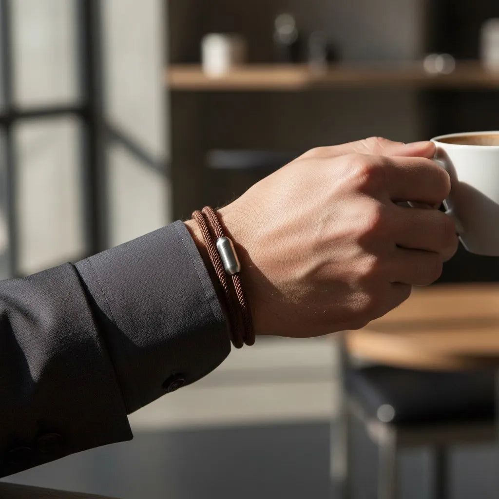 Homem segurando uma xícara enquanto usa pulseira masculina de corda marrom com volta dupla e fecho metálico prateado.