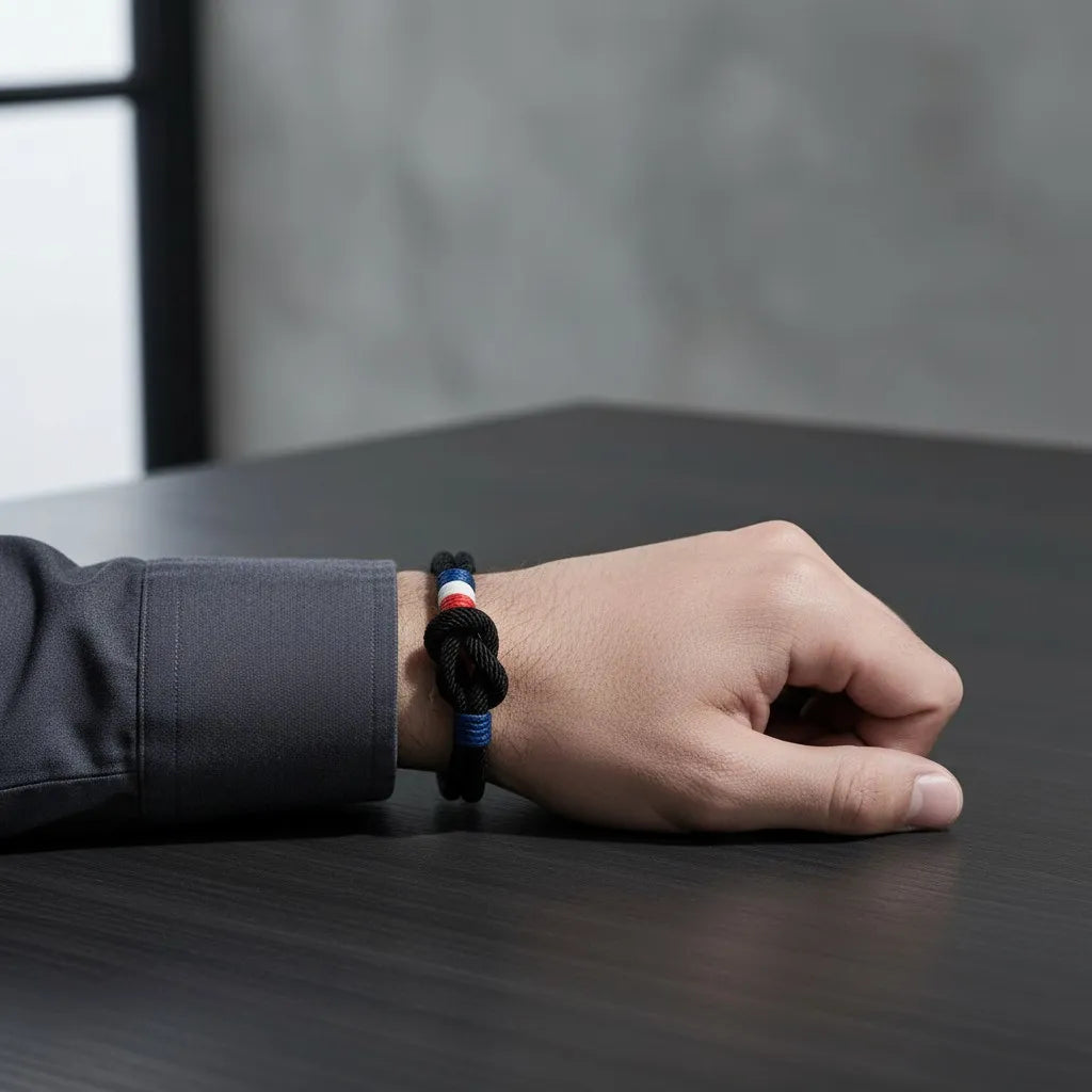 Pulseira masculina de corda preta com nó central e detalhes em azul, branco e vermelho no pulso sobre mesa escura.