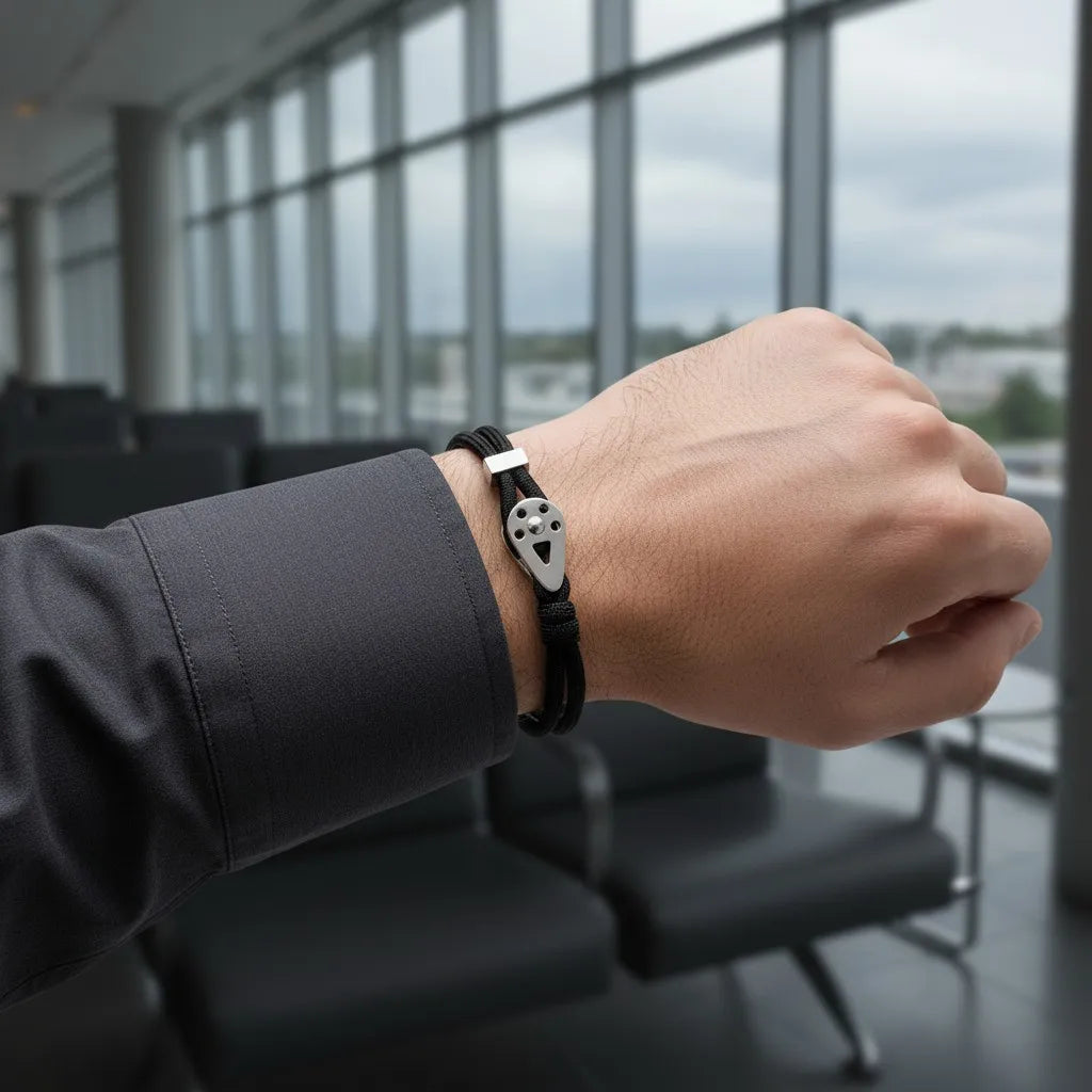 Pulseira masculina de corda preta com detalhe metálico prateado, usada no pulso em ambiente moderno de escritório.