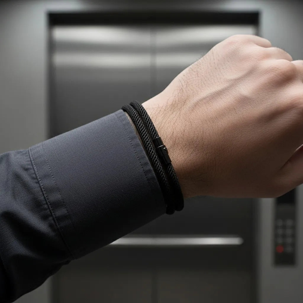 Homem usando pulseira masculina de corda preta com fecho metálico em ambiente corporativo.
