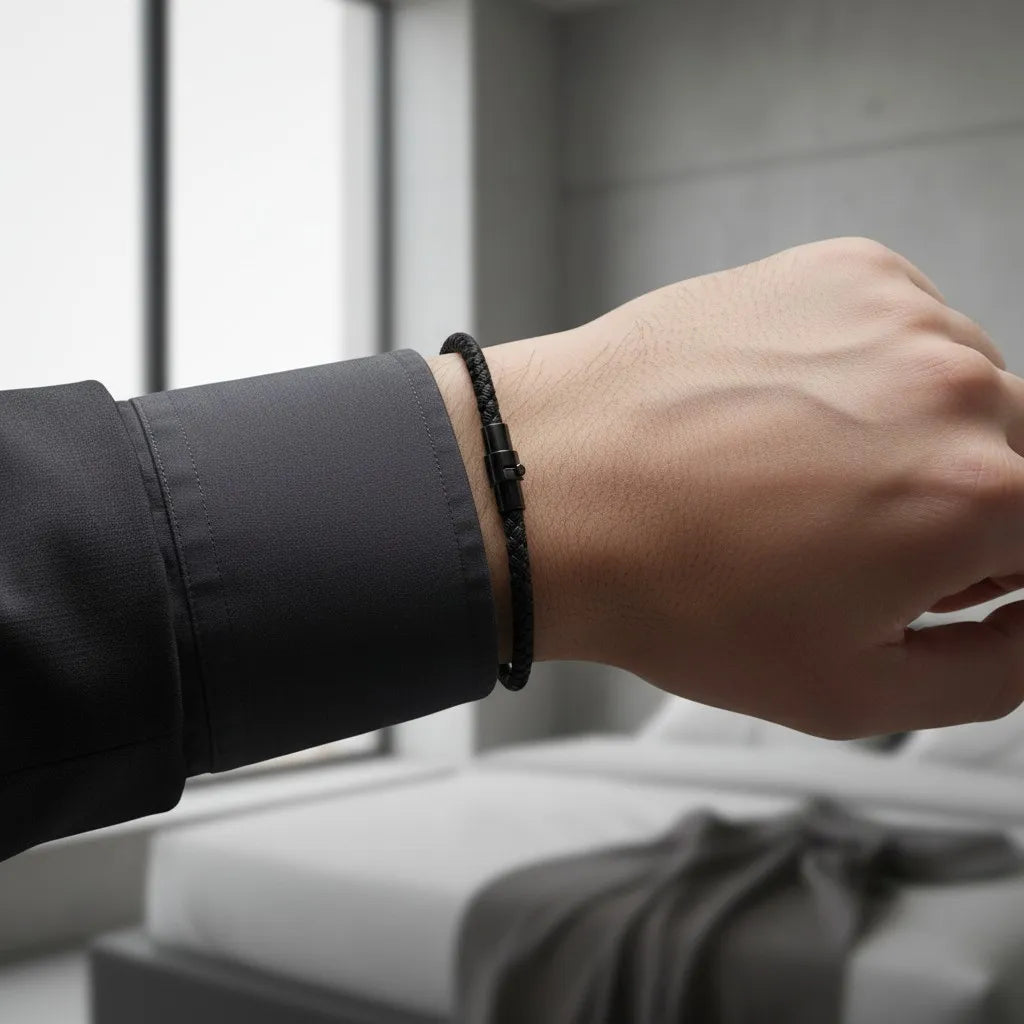 Pulseira masculina de corda preta fina com fecho metálico preto, usada no pulso com camisa social.