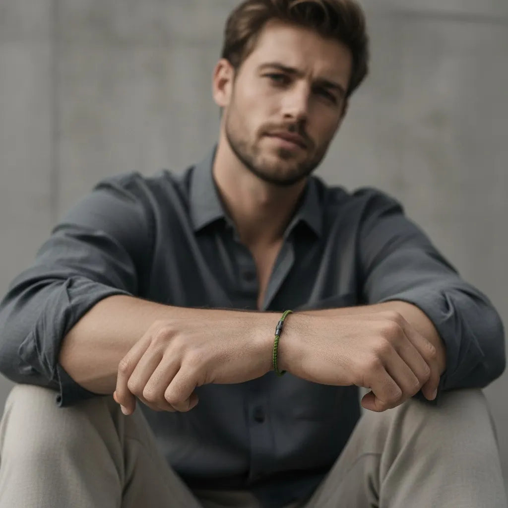 Homem usando pulseira masculina de corda verde fina com fecho metálico preto em um visual casual.