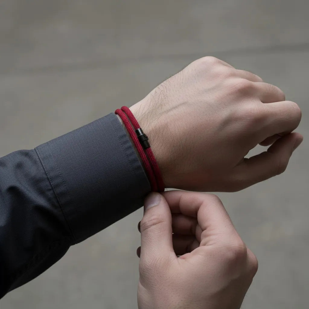 Homem ajustando pulseira masculina de corda vinho de volta dupla com fecho metálico preto.