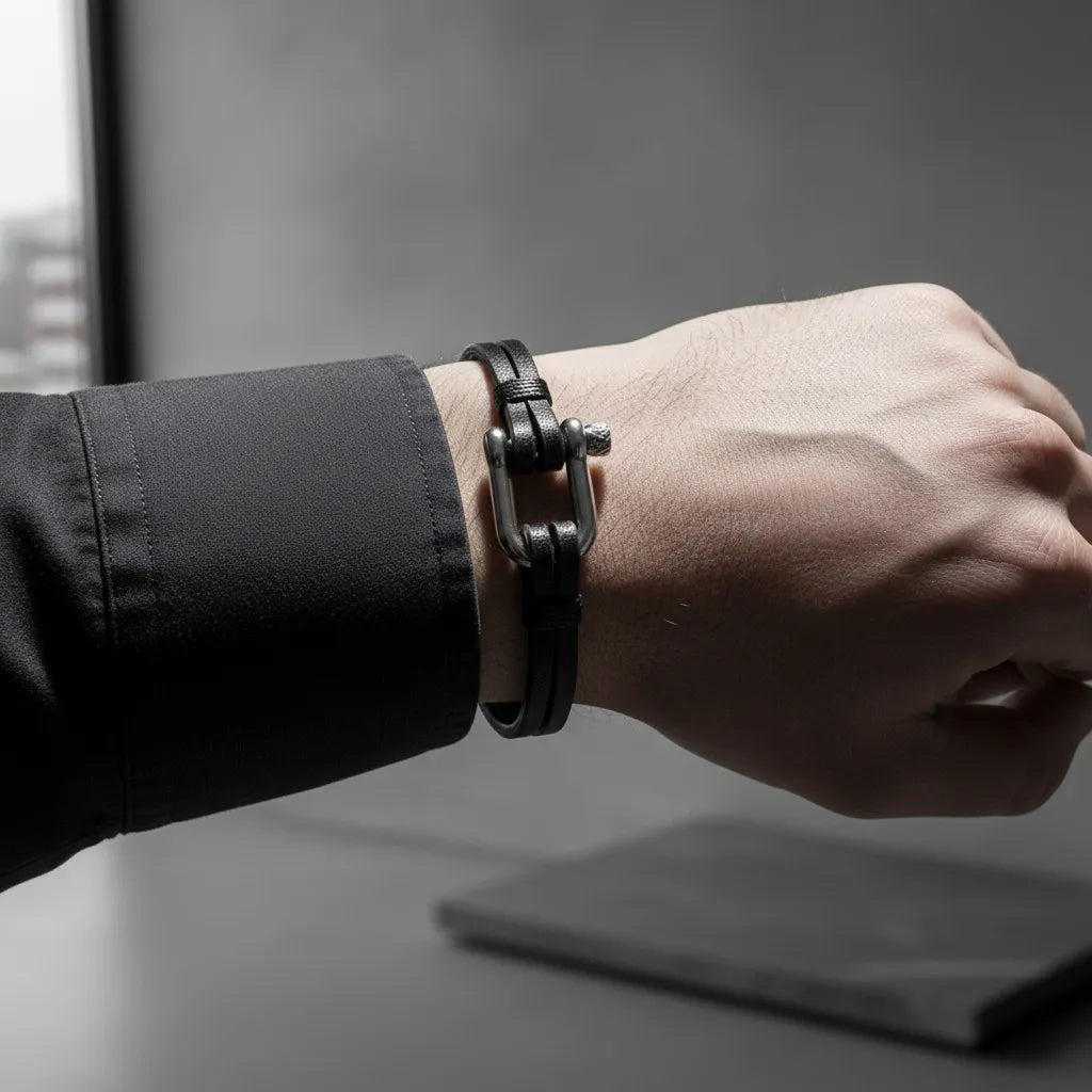 Close da pulseira masculina de couro preta com detalhe central e fecho metálico prateado no pulso.
