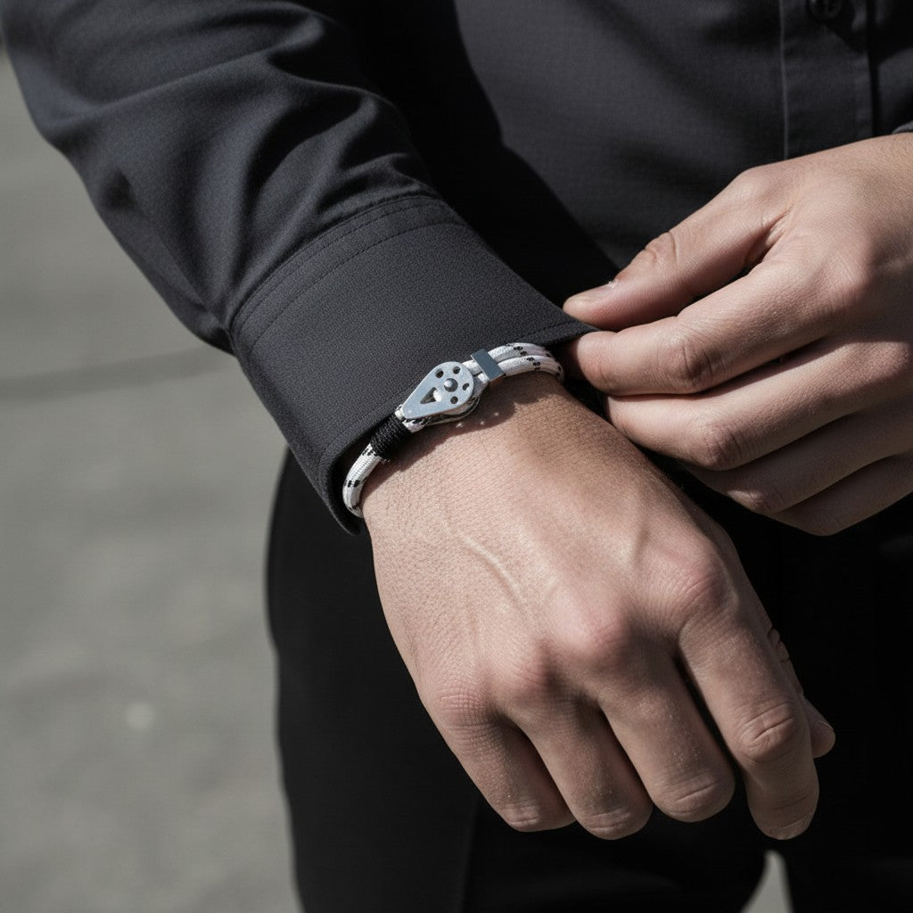 Pulseira masculina de corda branca com detalhes pretos e peça metálica prateada, usada no pulso enquanto o homem ajusta a camisa.