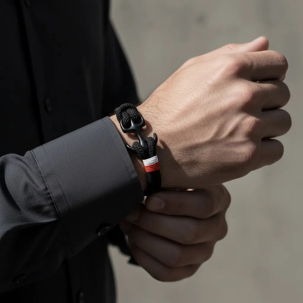 Mão masculina ajustando pulseira de corda preta com detalhe metálico escuro e faixa branca e vermelha em ambiente com luz natural.