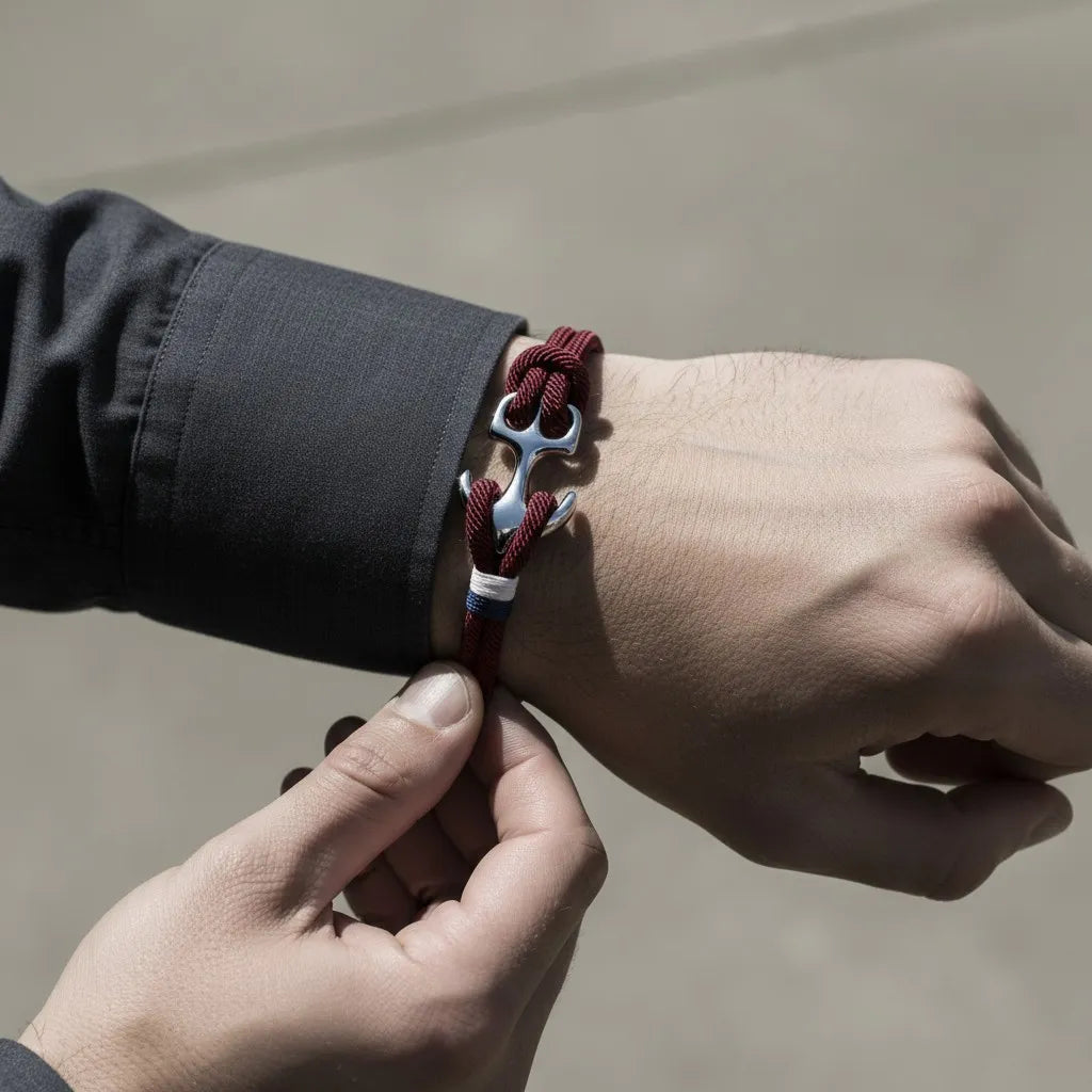 Mão masculina ajustando pulseira de corda vinho com detalhe metálico prateado e faixa branca e azul no pulso.