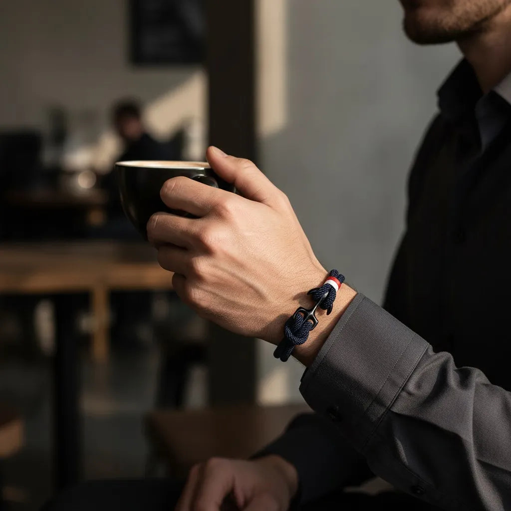 Homem segurando uma xícara enquanto usa pulseira de corda azul-marinho com detalhe metálico escuro no pulso.