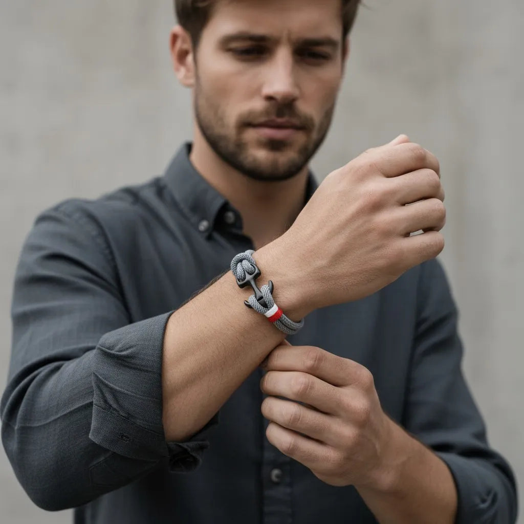 Modelo masculino ajustando a pulseira de corda cinza com âncora preta e detalhe em vermelho e branco no pulso.