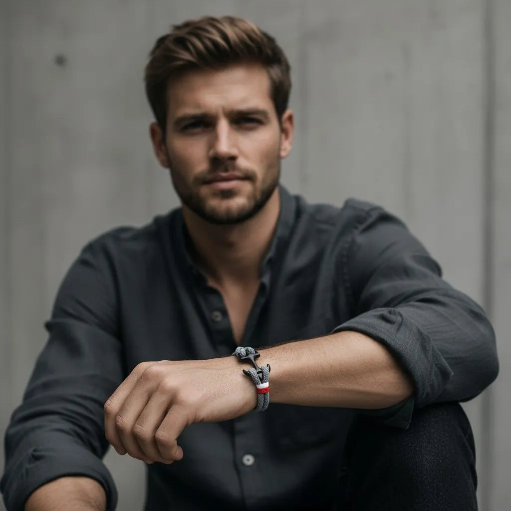 Modelo masculino sentado usando pulseira de corda cinza com âncora preta e detalhe em vermelho e branco no pulso.