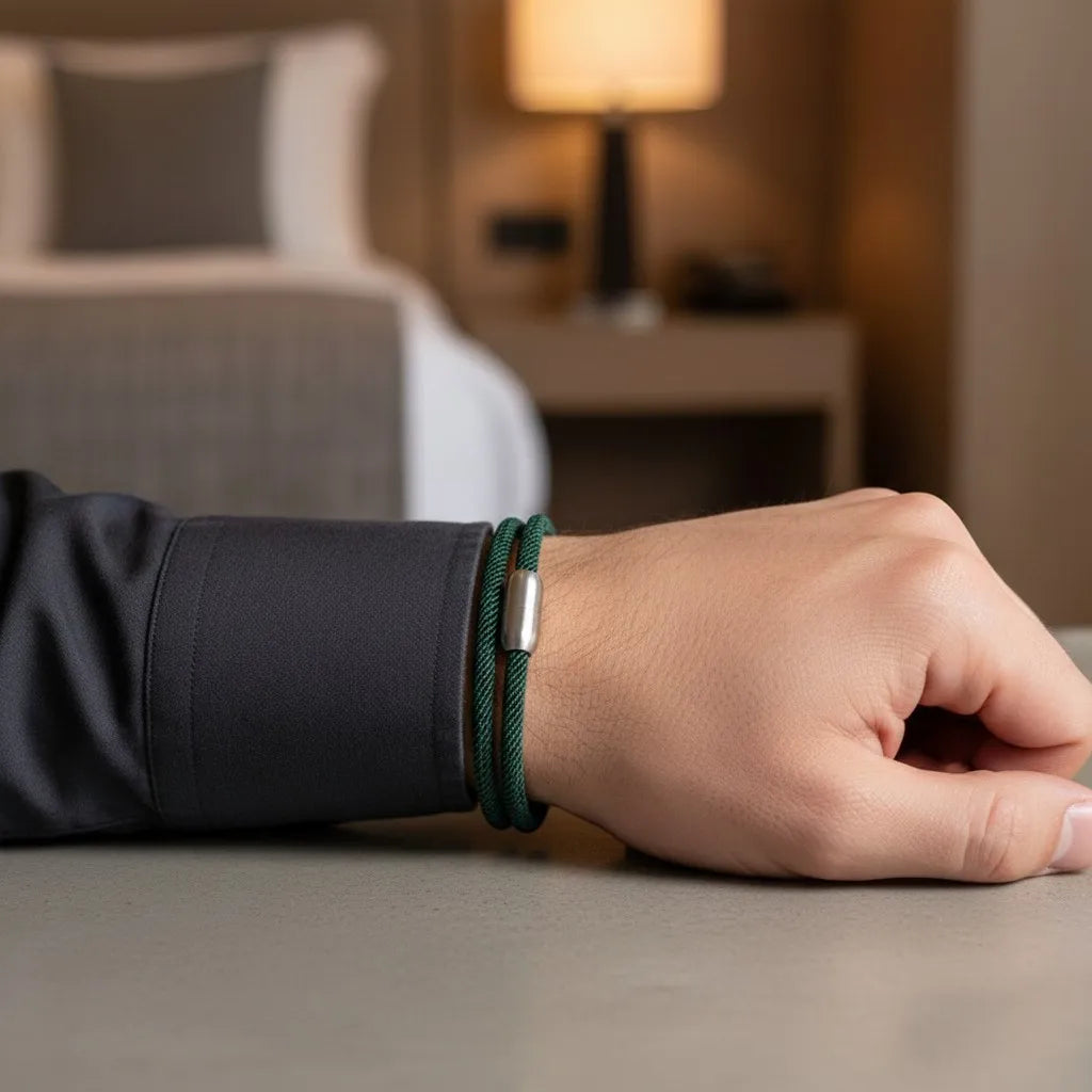 Close da pulseira masculina de corda verde com volta dupla, design minimalista e fecho metálico prateado.