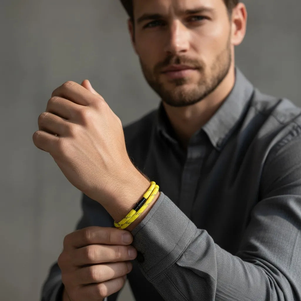 Homem usando pulseira masculina de corda amarela com design minimalista e acabamento metálico preto.