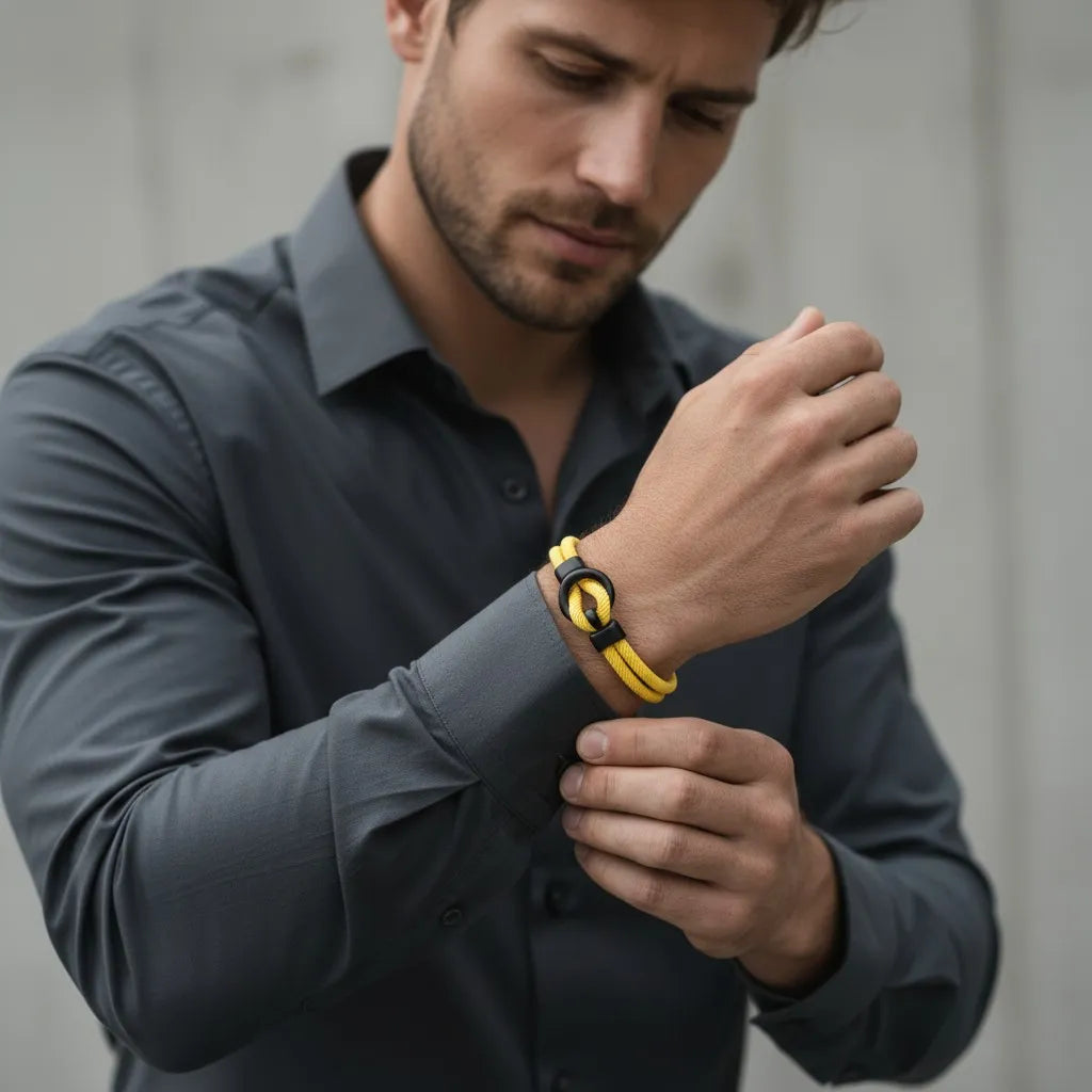 Homem ajustando a manga da camisa enquanto usa pulseira masculina de corda amarela com detalhe preto.