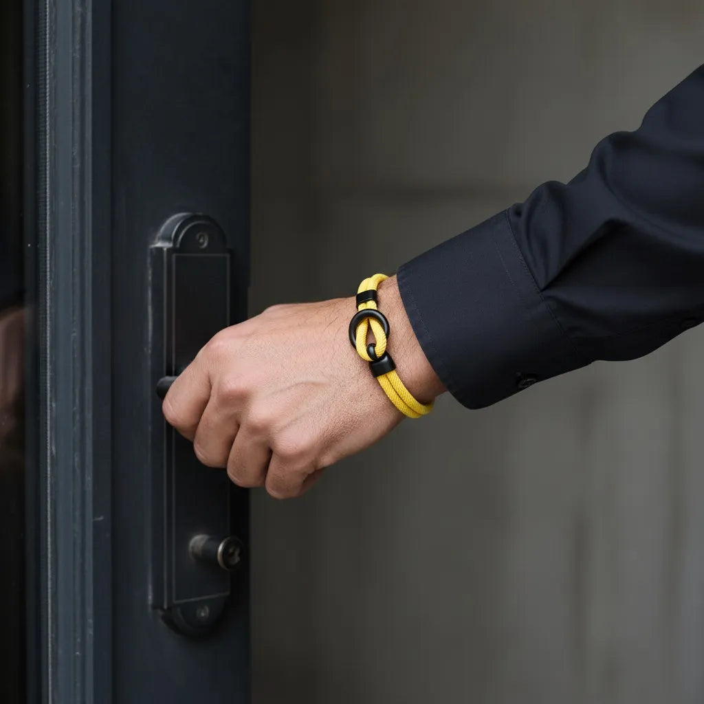 Pulseira masculina de corda amarela com acabamento preto no pulso de homem abrindo uma porta.