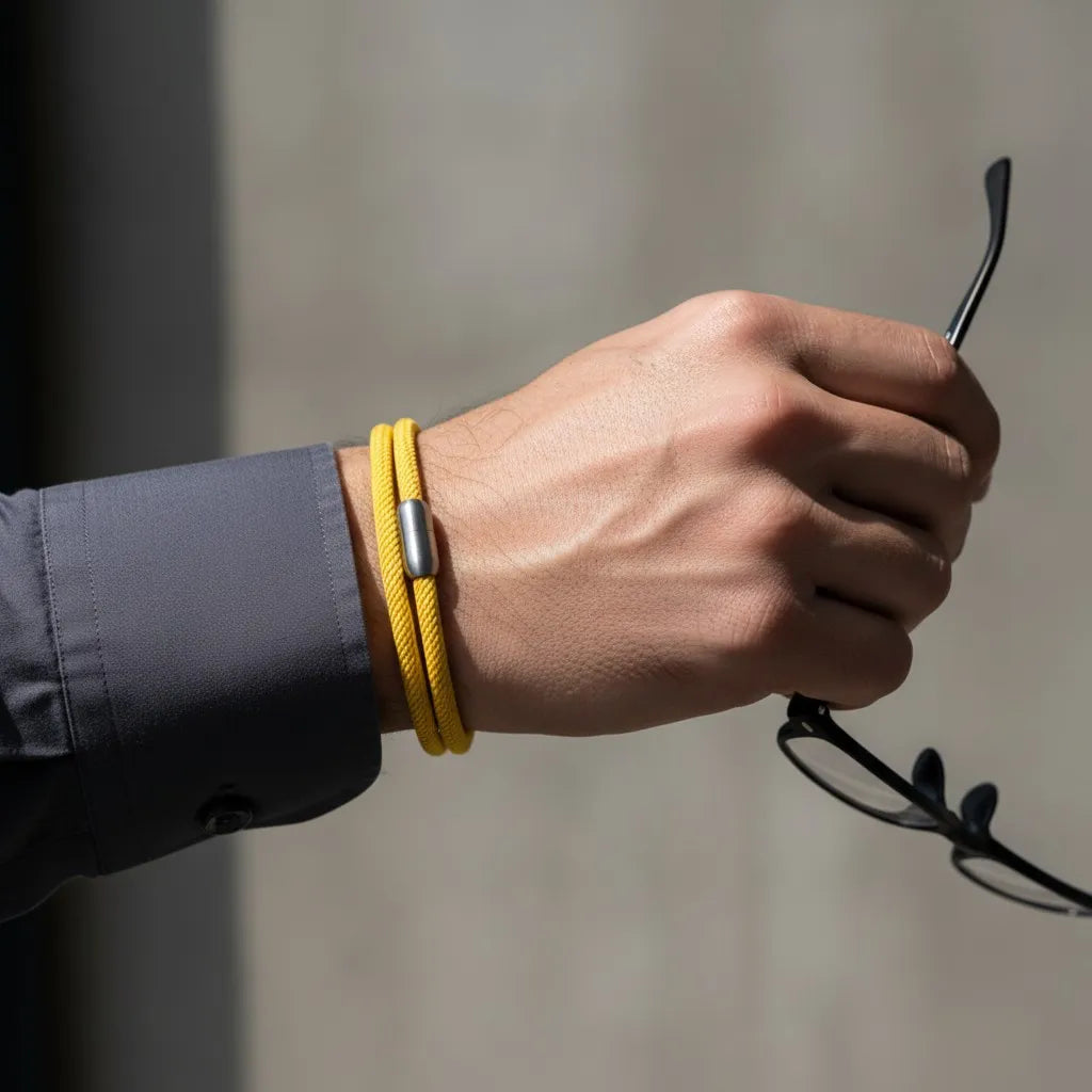 Homem segurando um óculos enquanto usa pulseira masculina de corda amarela com volta dupla e fecho metálico prateado.