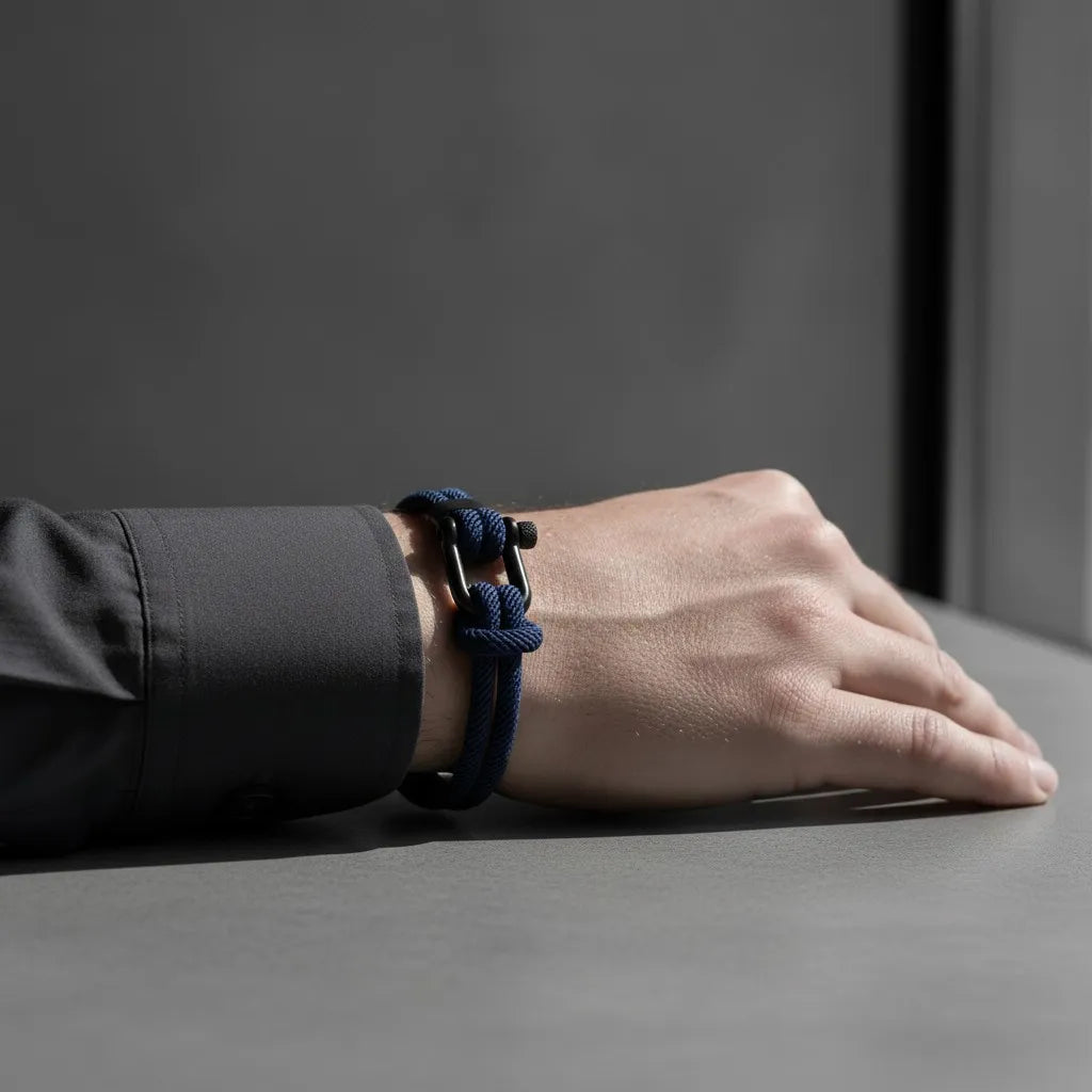 Pulso apoiado sobre a mesa com pulseira masculina de corda azul e fecho preto em destaque.