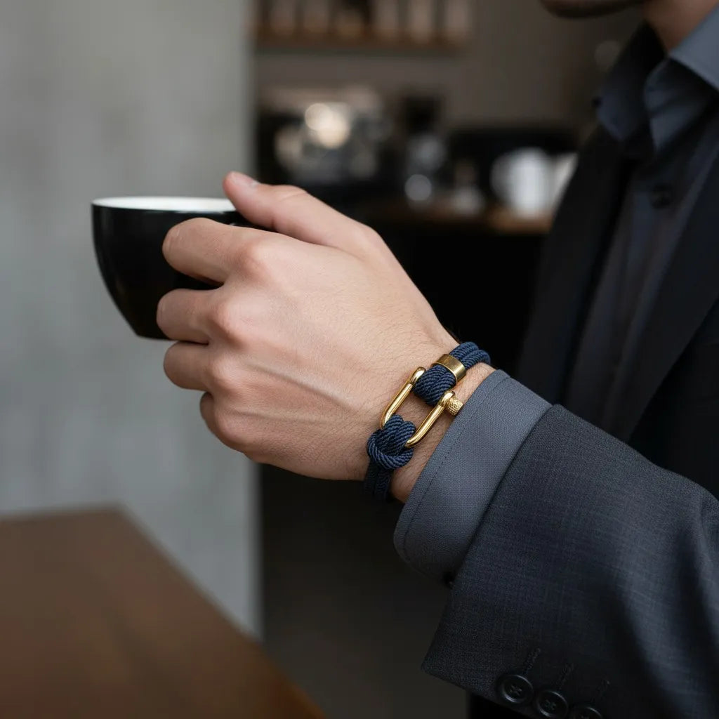 Homem segurando uma xícara de café enquanto usa pulseira masculina de corda azul com acabamento metálico dourado.