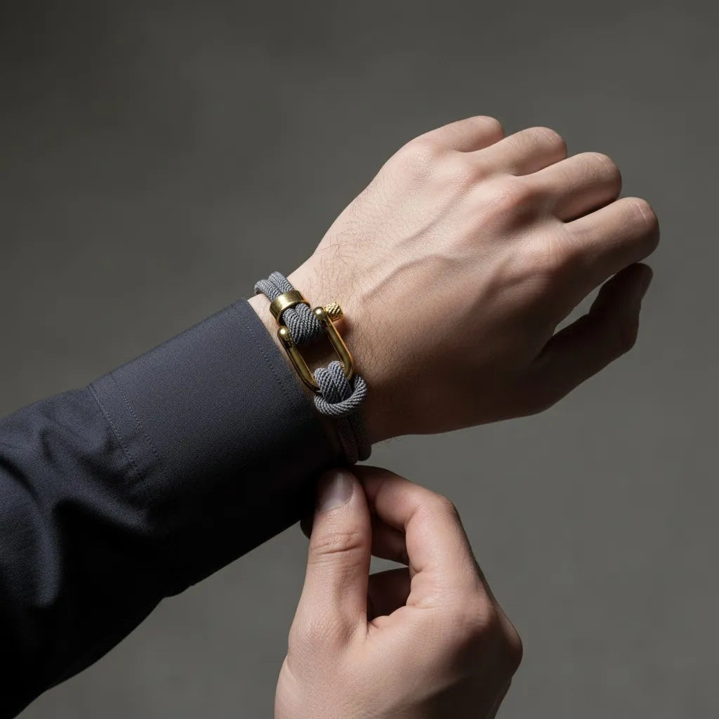 Homem ajustando pulseira masculina de corda cinza com acabamento dourado no pulso.