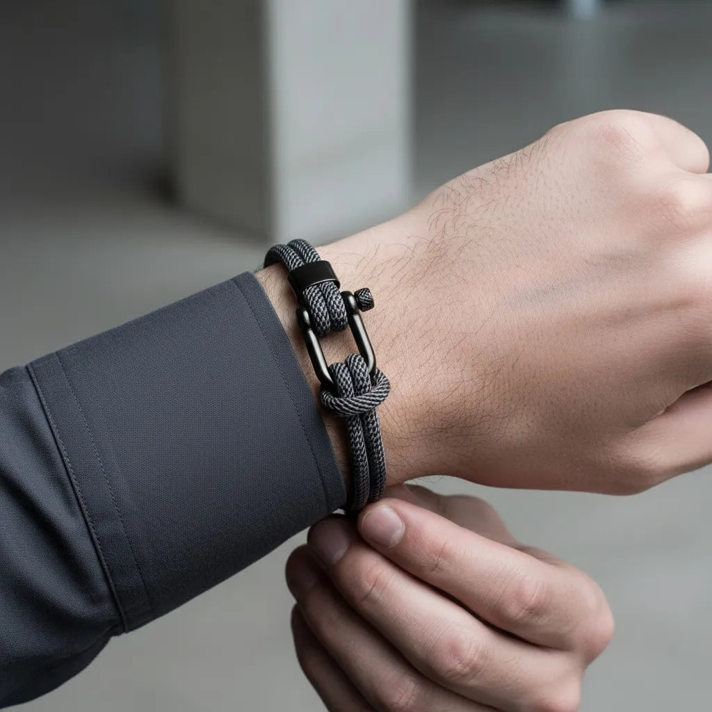 Homem ajustando pulseira masculina de corda cinza com fecho preto e design moderno no pulso.