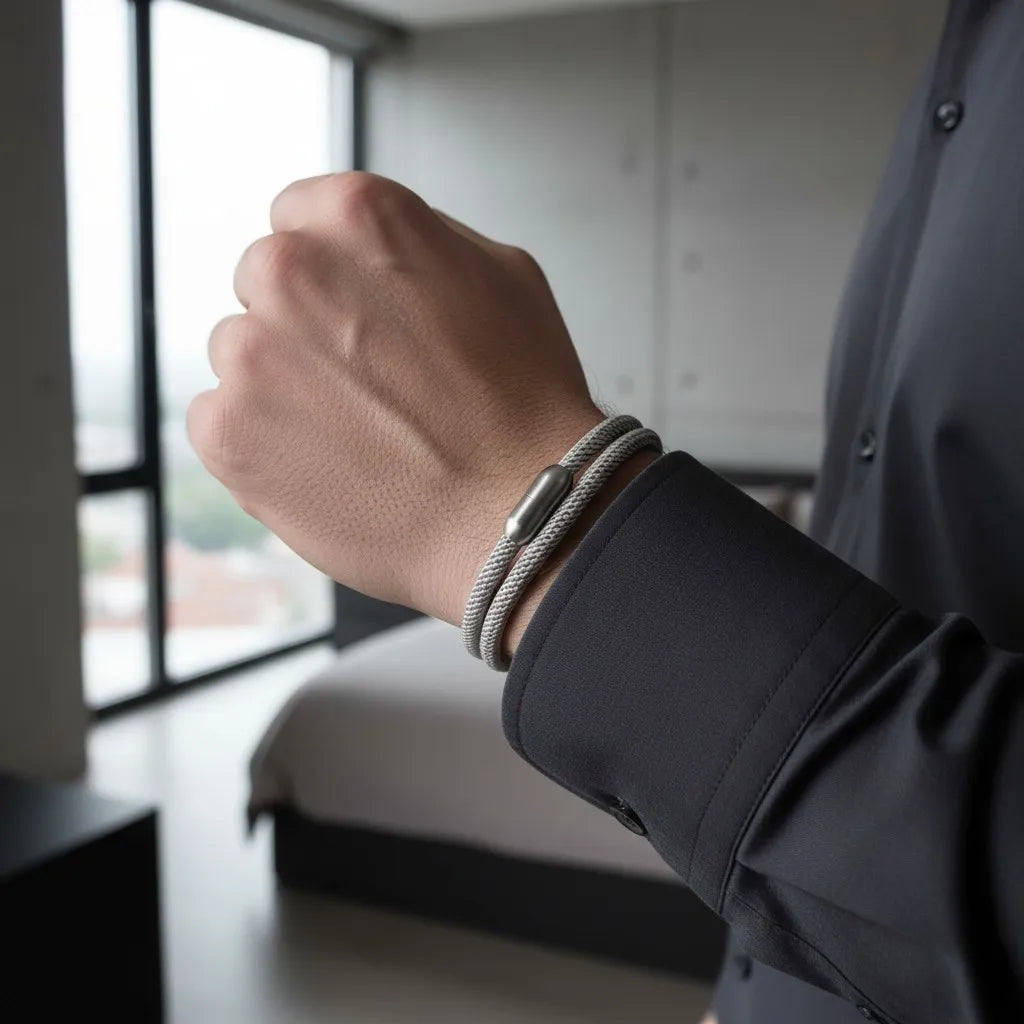 Close da pulseira masculina de corda cinza com fecho metálico prateado em um ambiente interno minimalista.