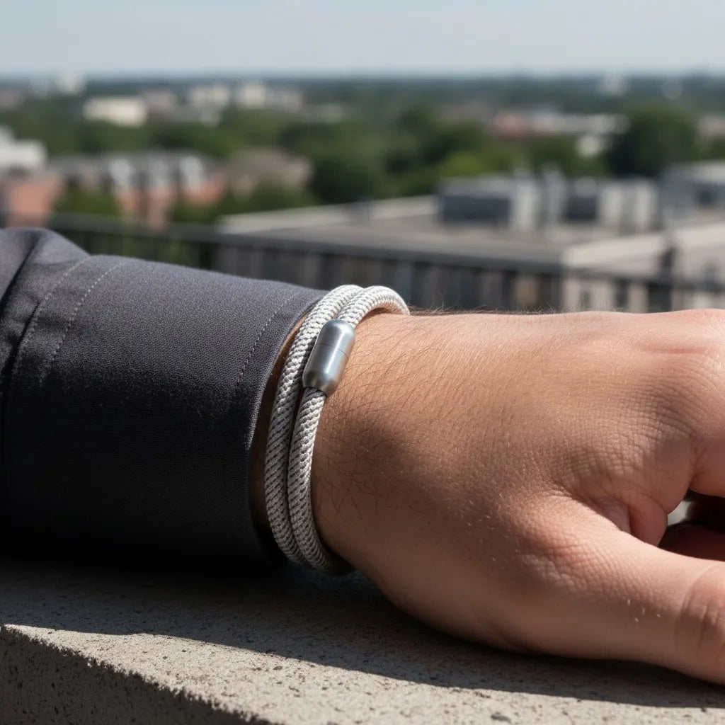 Pulseira masculina de corda cinza com fecho metálico prateado em close, usada no pulso apoiado sobre uma superfície ao ar livre.