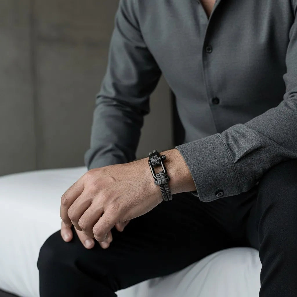 Homem com camisa social cinza usando pulseira masculina de corda cinza com fecho preto.