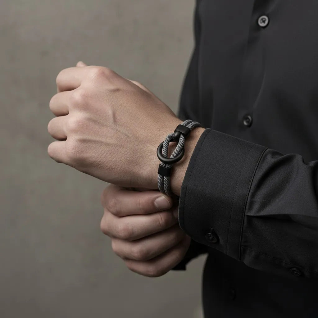 Homem ajustando a camisa enquanto usa pulseira masculina de corda cinza com design minimalista e detalhe preto.