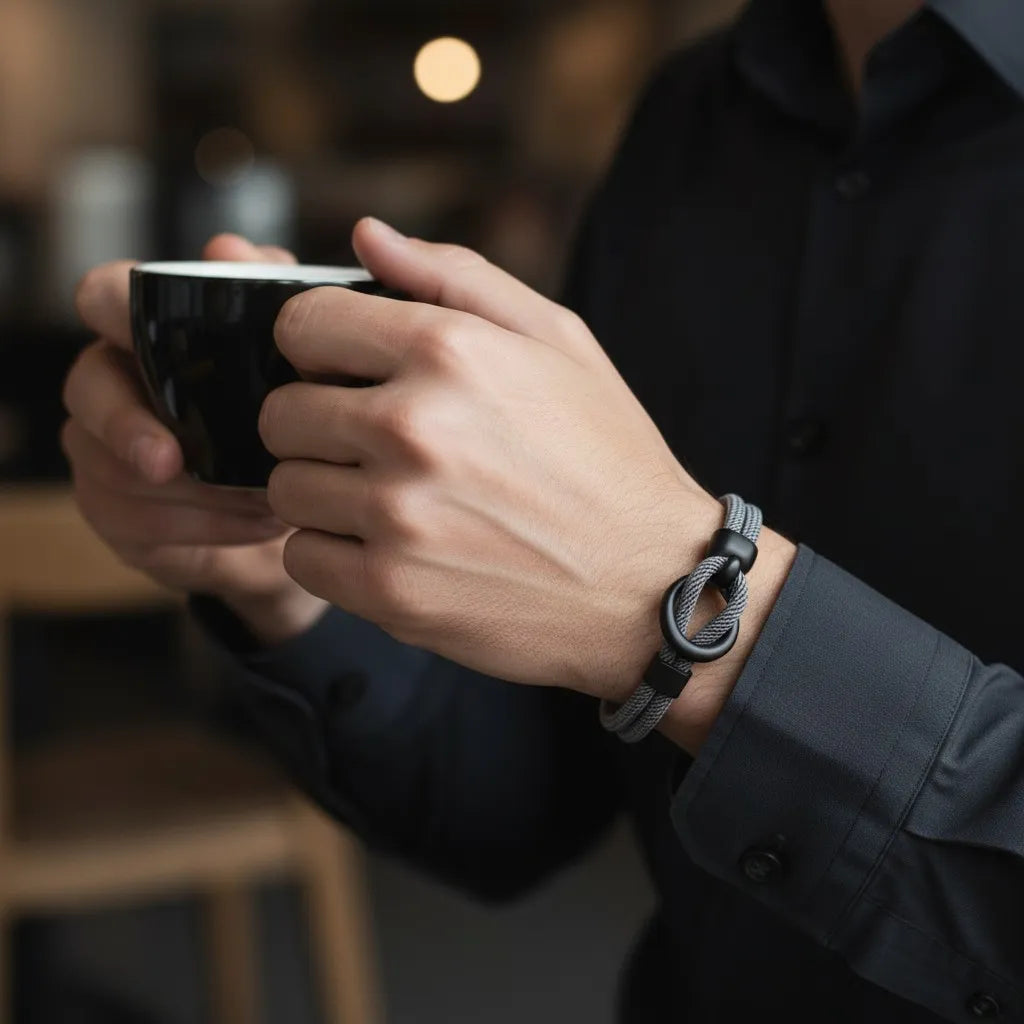 Homem usando pulseira masculina de corda cinza com acabamento preto enquanto segura uma xícara de café.