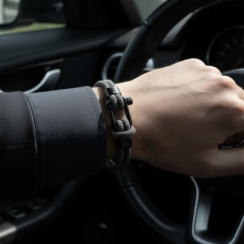 Homem usando pulseira masculina de corda cinza com fecho preto enquanto está ao volante do carro.