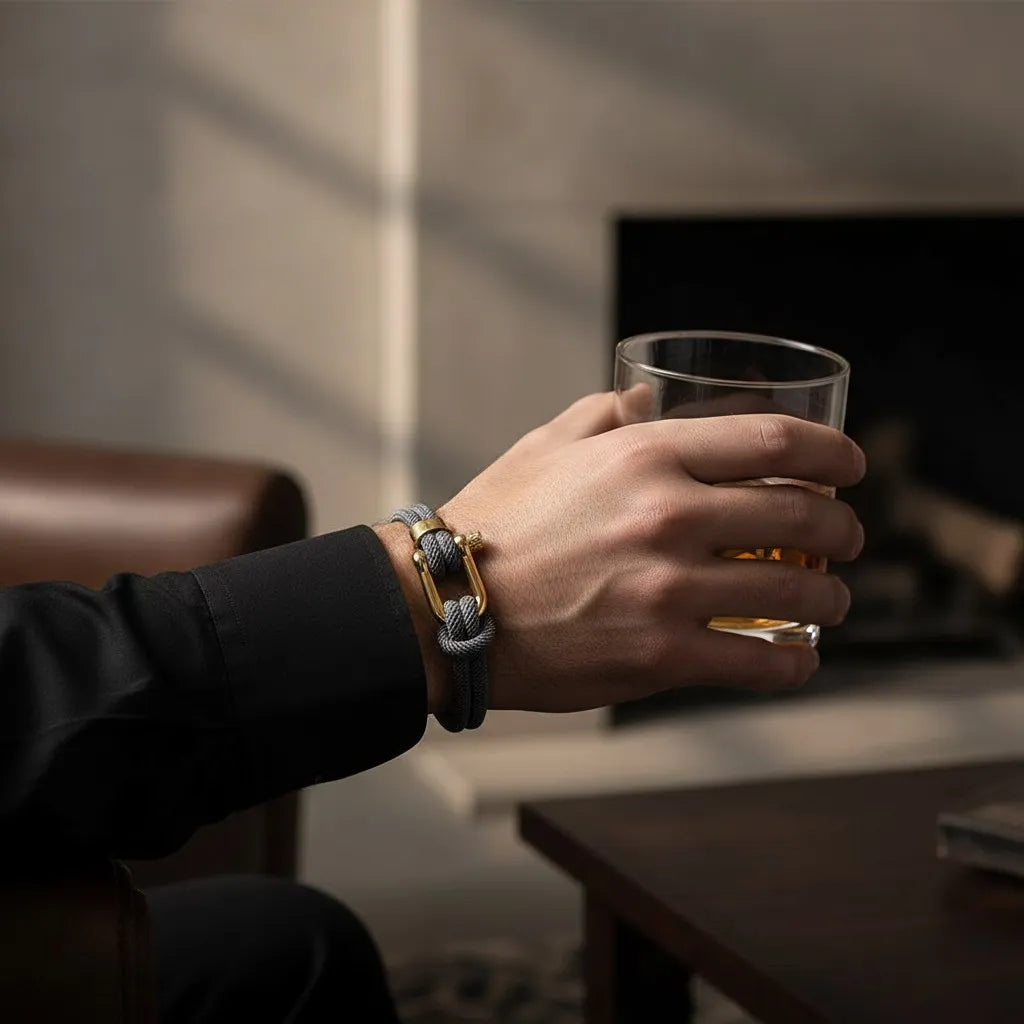 Homem segurando um copo enquanto usa pulseira masculina de corda cinza com design sofisticado e fecho dourado.