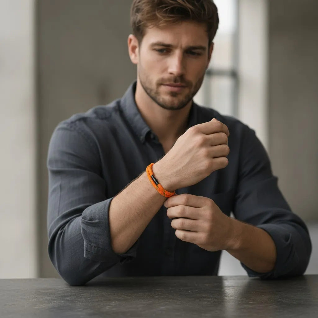 Homem ajustando no pulso uma pulseira masculina de corda laranja com design minimalista e acabamento metálico preto.