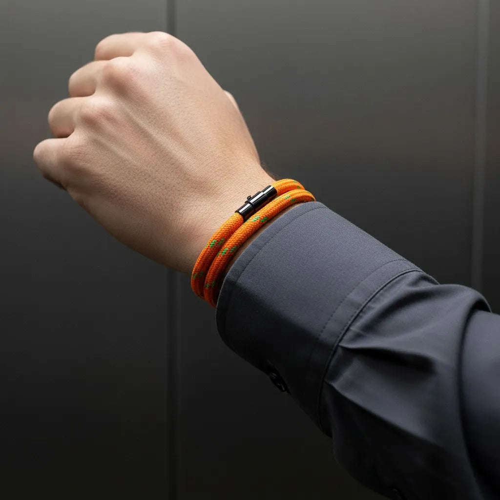 Close da pulseira masculina de corda laranja com volta dupla e fecho metálico preto no pulso.