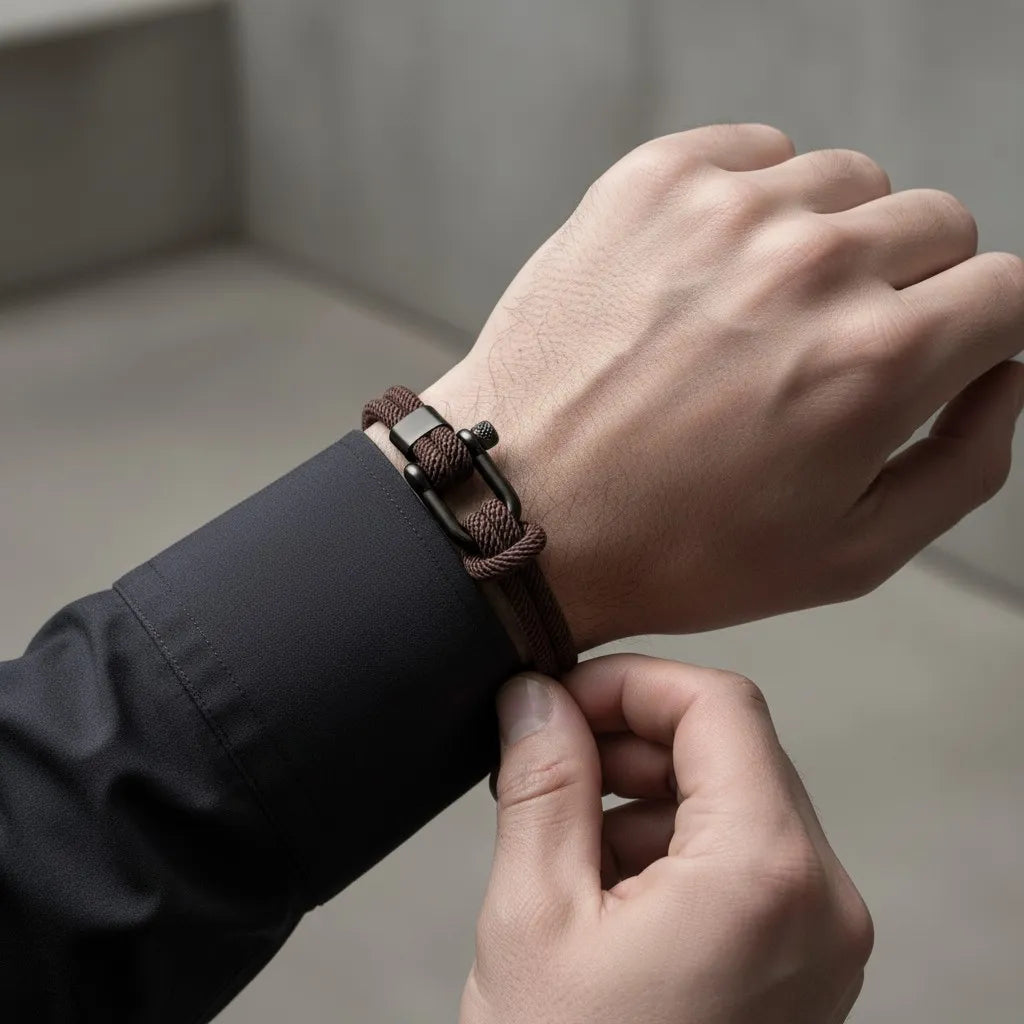 Close de homem ajustando a pulseira masculina de corda marrom com fecho preto no pulso.