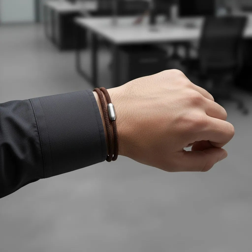 Homem usando pulseira masculina de corda marrom com design minimalista e fecho metálico prateado em ambiente moderno.