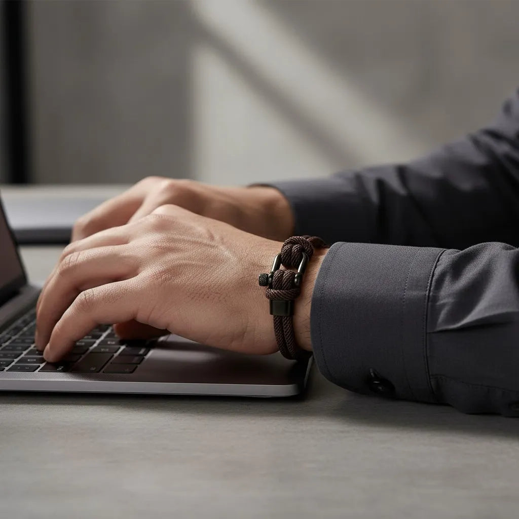 Pulseira masculina de corda marrom com fecho preto no pulso enquanto o homem digita em um notebook.