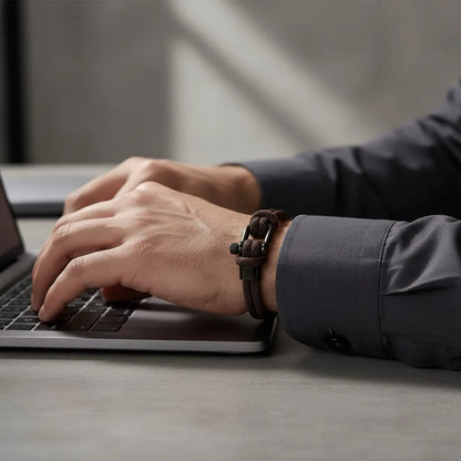Pulseira masculina de corda marrom com fecho preto no pulso enquanto o homem digita em um notebook.