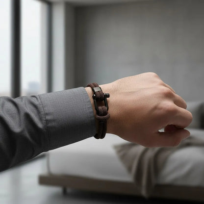 Pulseira masculina de corda marrom com fecho preto no pulso, em destaque em ambiente interno moderno com sofá ao fundo.