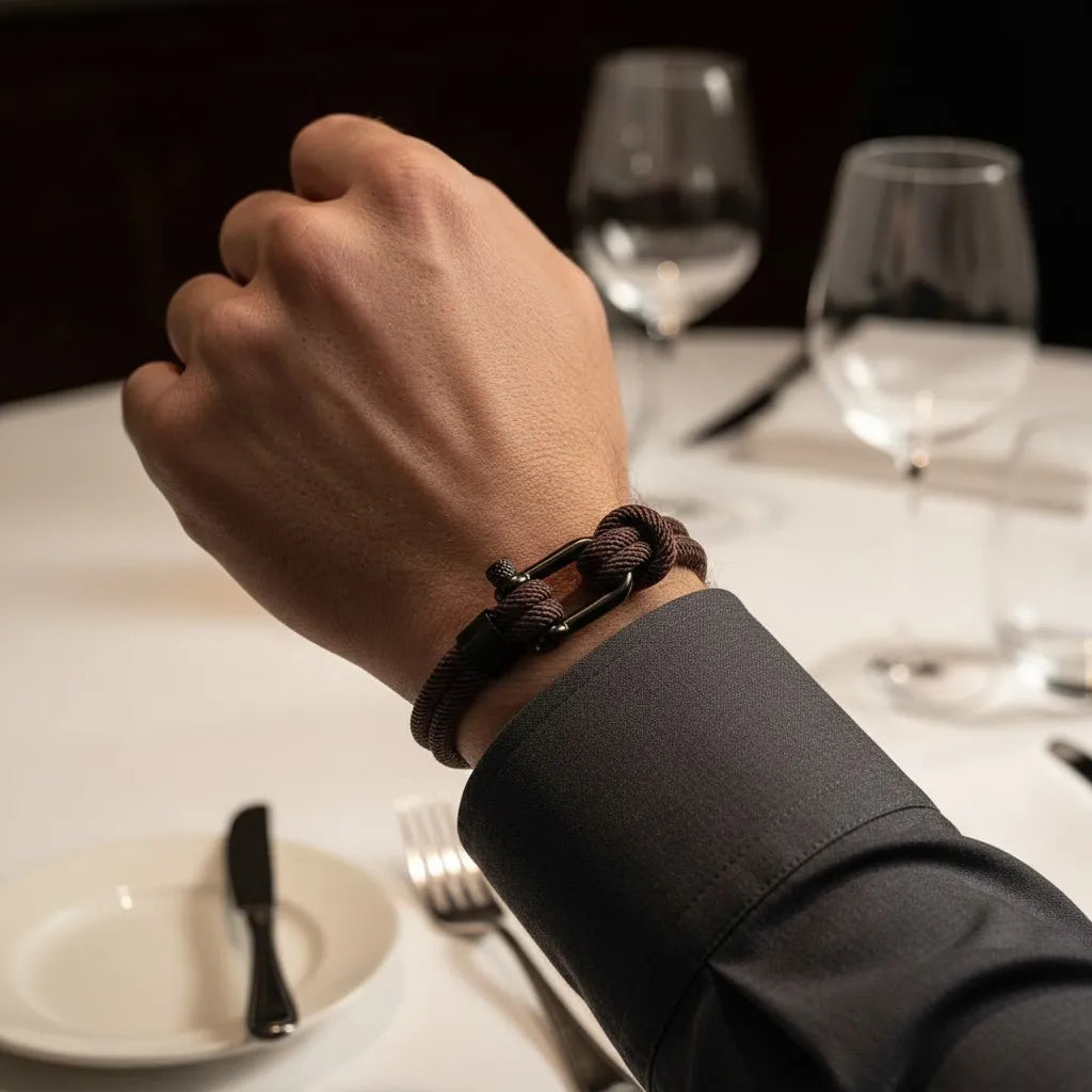 Pulseira masculina de corda marrom com fecho preto no pulso em destaque sobre mesa posta de restaurante.