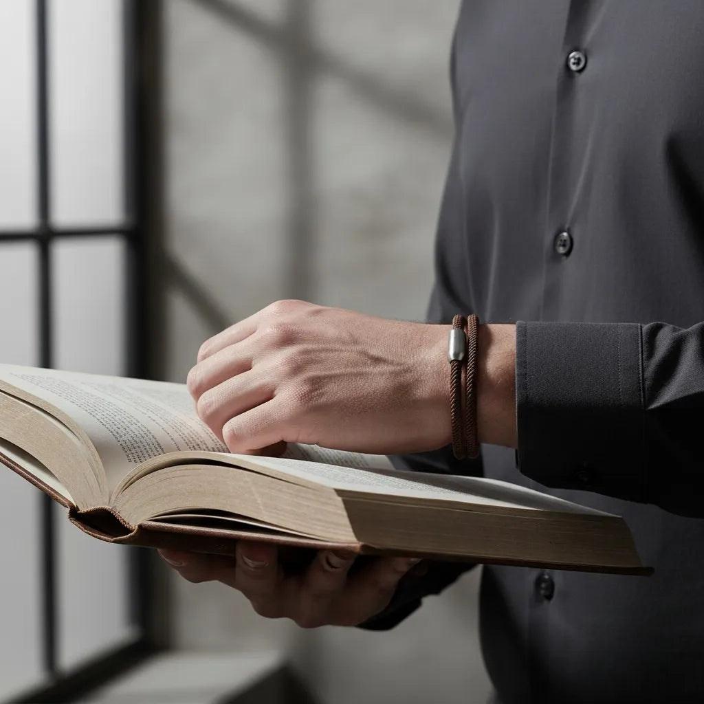 Homem lendo um livro enquanto usa pulseira masculina de corda marrom com design minimalista e fecho metálico prateado.