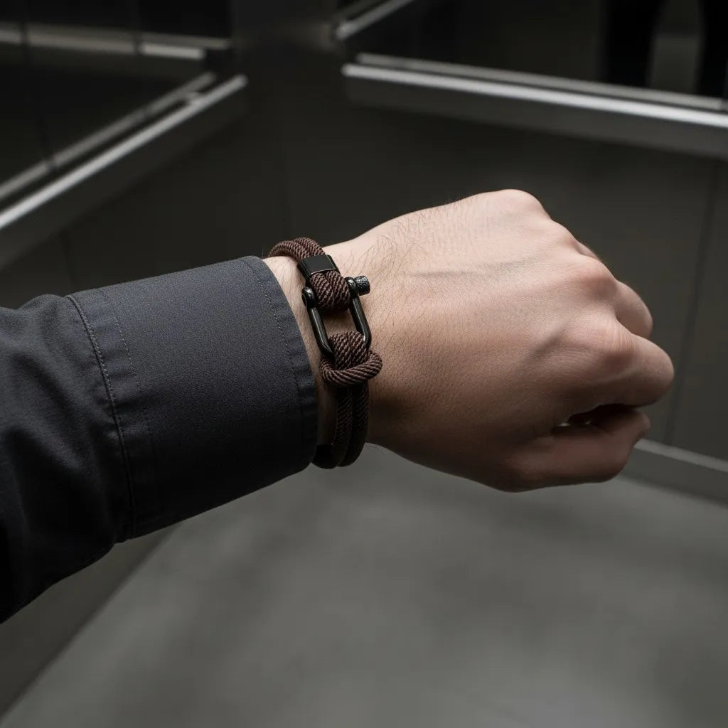 Pulseira masculina de corda marrom com fecho preto no pulso, fotografada em ambiente de elevador.