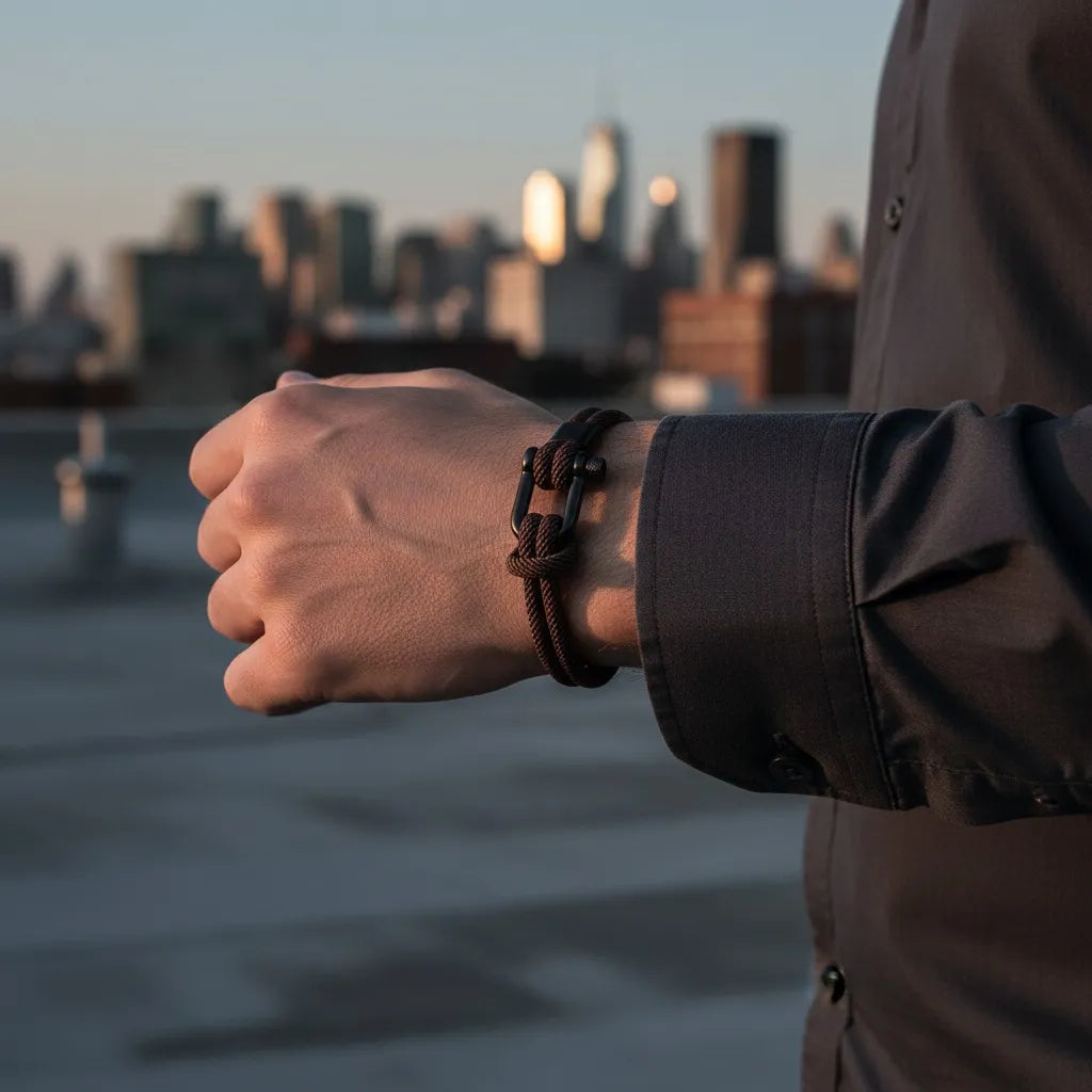 Pulseira masculina de corda marrom com fecho preto no pulso, com skyline urbano ao fundo no pôr do sol.