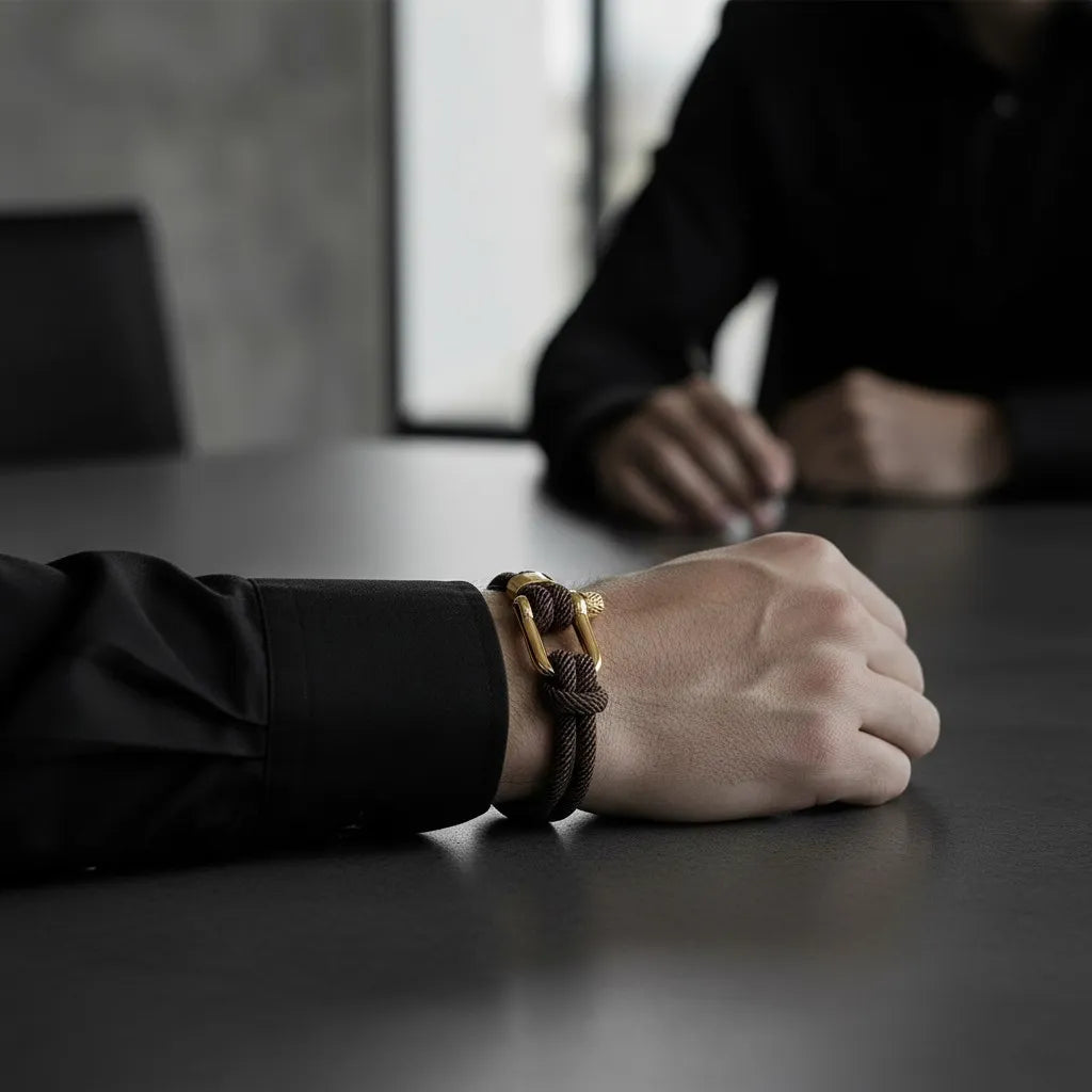 Pulseira masculina de corda marrom com fecho dourado no pulso de um homem durante uma reunião de trabalho.