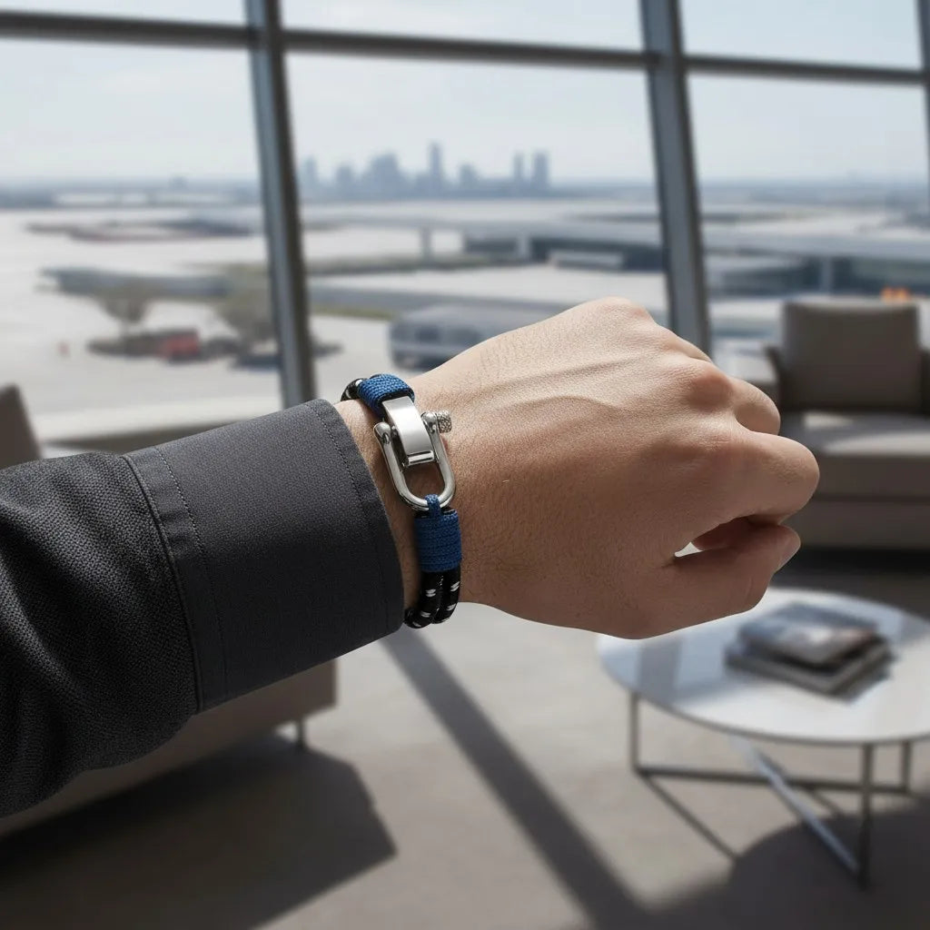 Pulseira masculina de corda preta com detalhes azuis e fecho metálico em destaque no pulso, em ambiente sofisticado com vista panorâmica.