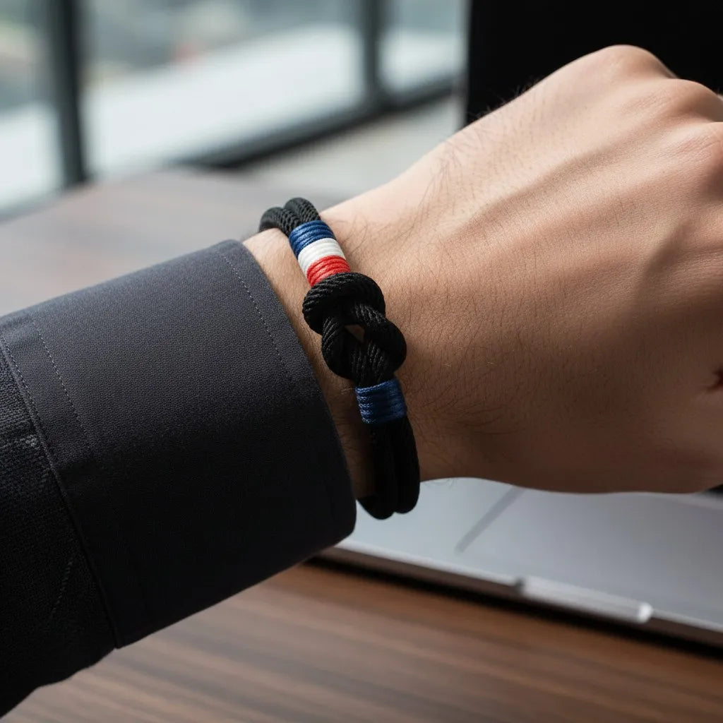 Close da pulseira masculina de corda preta com nó central e detalhes em azul, branco e vermelho no pulso, diante de um notebook.